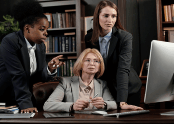 Senior attorneys reviewing online search performance together, illustrating how law firm SEO supports visibility, trust, and client decision-making in modern legal practices.